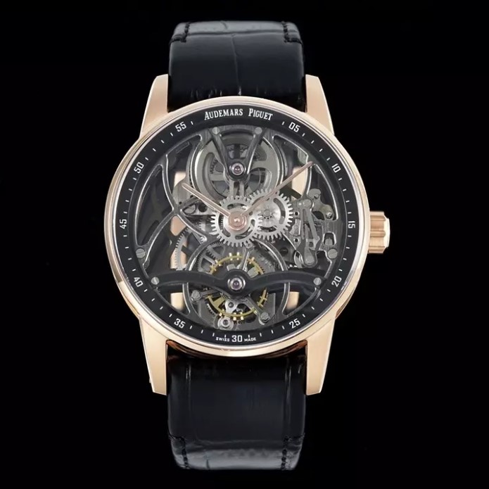 AUDEMARS PIGUET 오데마피게 코드 11.59 투르비옹 스켈레톤 다이얼 로즈골드 블랙 가죽 스트랩 41mm 26600CR